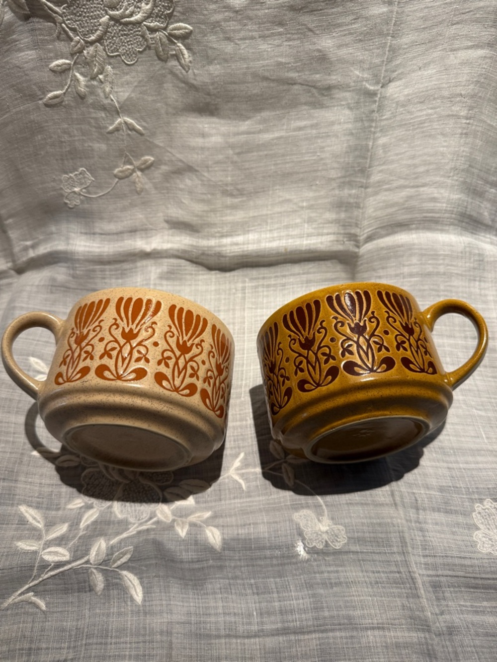 Vintage 1970s Stoneware Soup Mugs Set of 2 Brown Floral Speckled Pottery